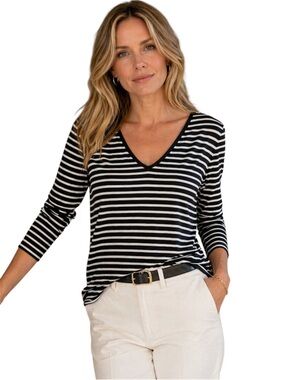 Ralph Lauren Jeans Co. Black and White Striped V-Neck Long Sleeve Top, XL